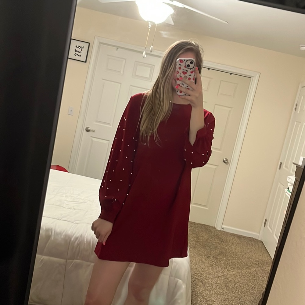 Red dress with pearl sleeves!